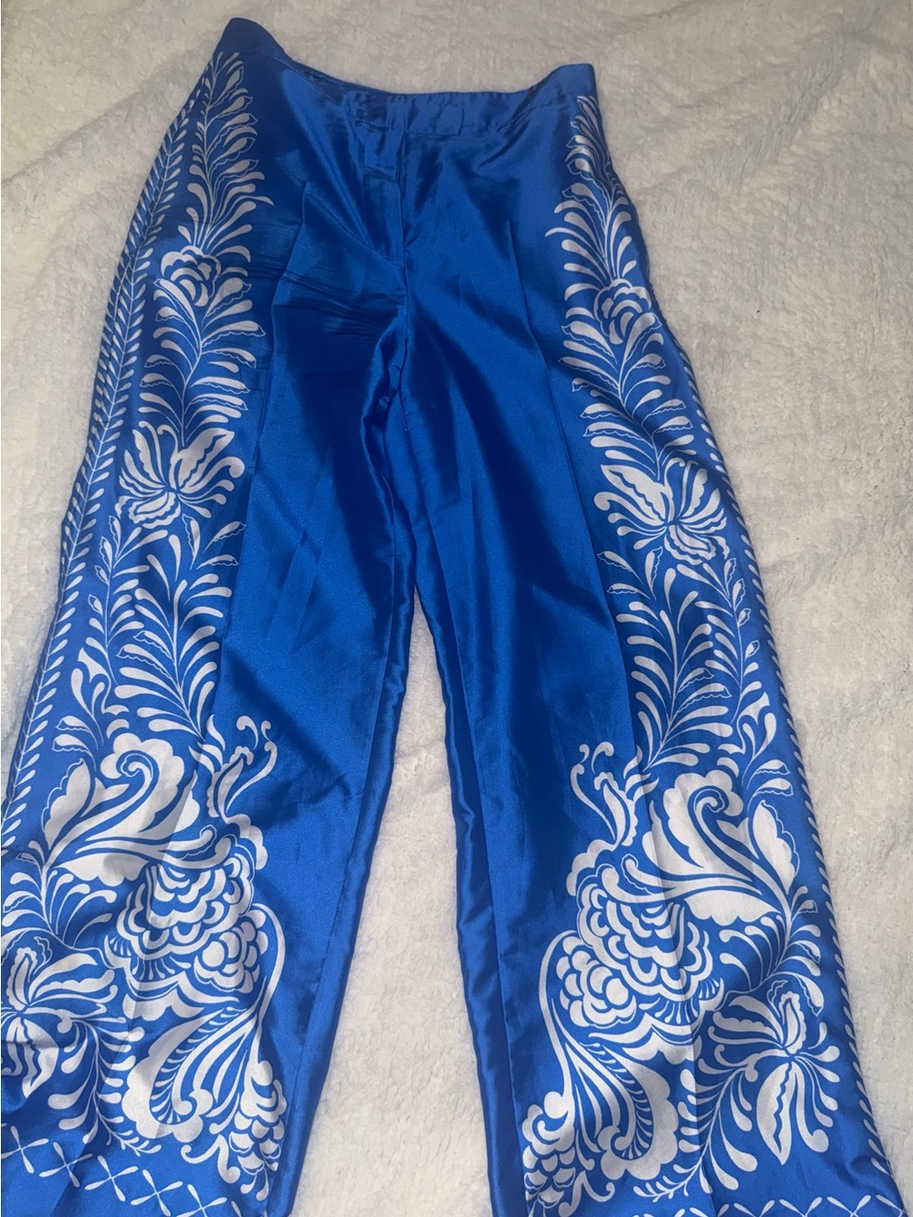 Zara Royal Blue Wide-Leg Pants with White Floral Trim